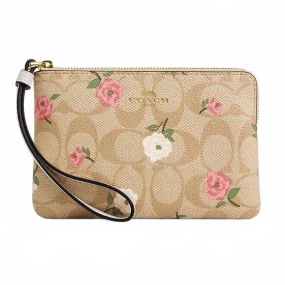 Coach Corner Zip Wristlet Signature Monogram Canvas Gold Light Khaki